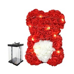 Medvedík z ruží červeno-biely 25 cm DMCB-25L s LED – červený medvedík s bielym srdcom a krabicou