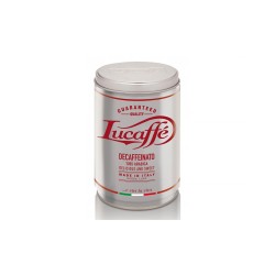 Káva Lucaffè Decaf 250 g zrnková v plechovke – biela plechovka kávy