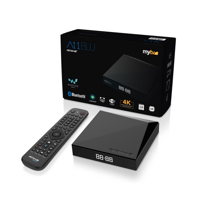 Android TV box AMIKO A11 Blue – box s ovládačom a balením