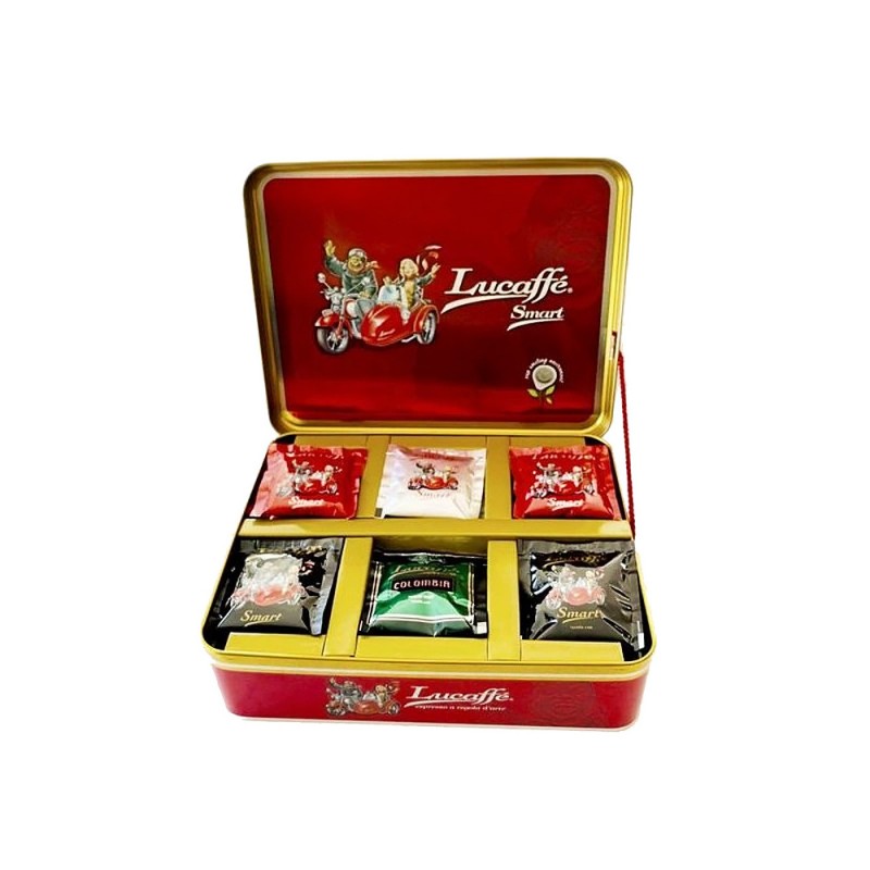 Káva Lucaffe Smart Pods Sommelier – otvorený plechový box s kávovými podmi