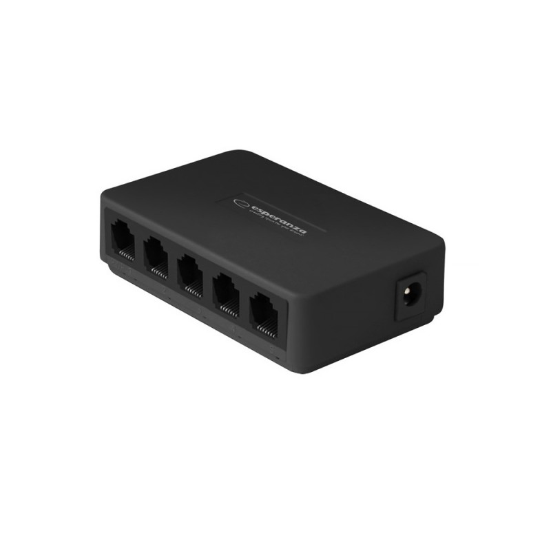 Switch ESPERANZA ENS103 Onyx – čierny 5-portový switch zo šikmého pohľadu